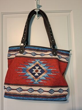 Southwestern Pattern Red Tote Bag with Brown Handles By Montana West